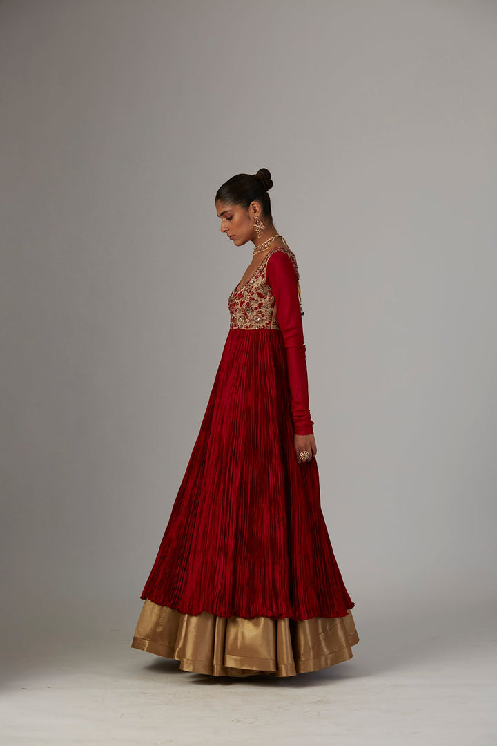 Red Silk Emb. Anarkali Organza Emb. Dupatta & Copper Lame Skirt