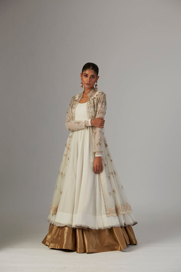 Ivory Chiffon Anarkali Paired With Tulle Net Jacket