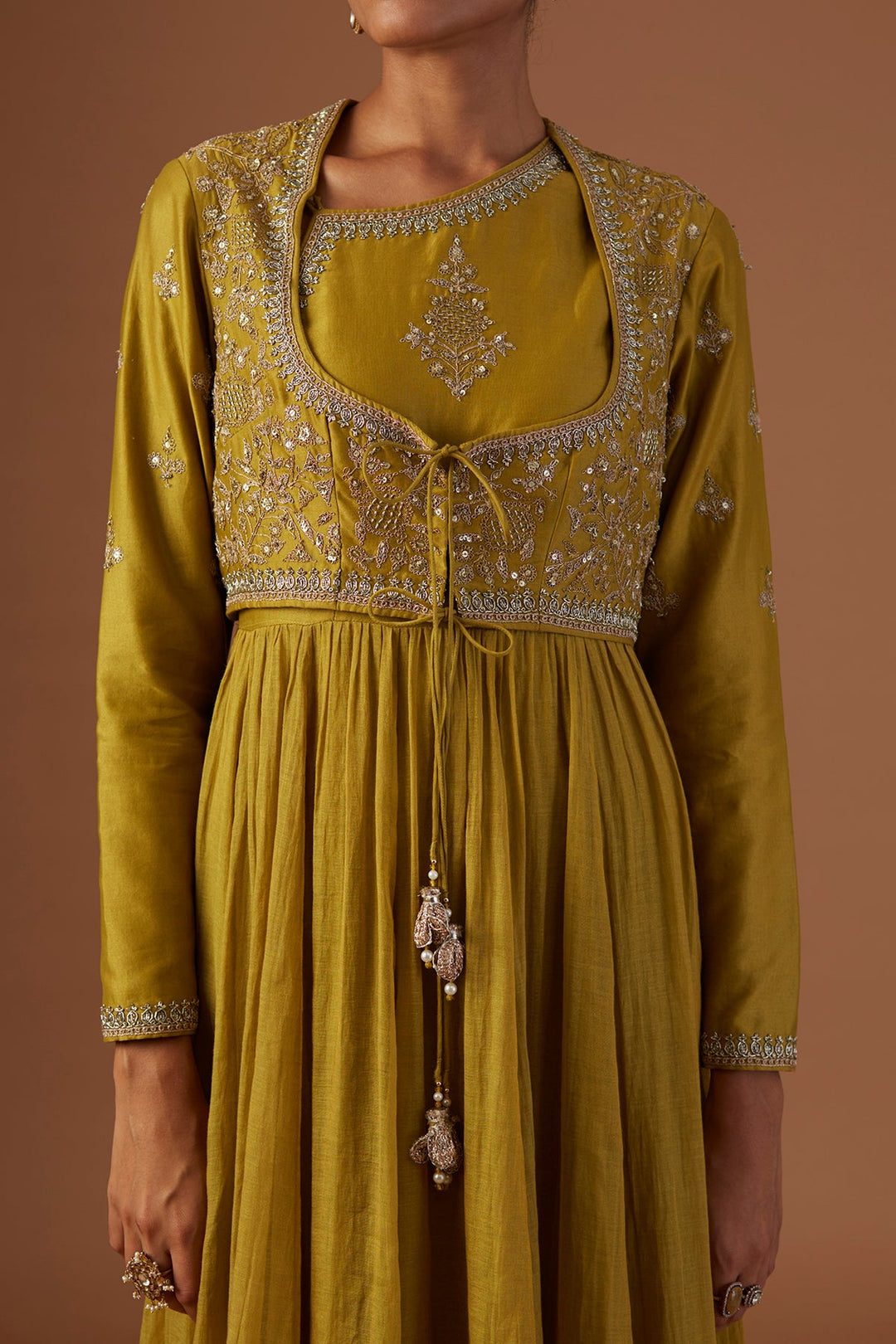 Olive Tissue Anarkali Paired With Churidaar And Dupatta