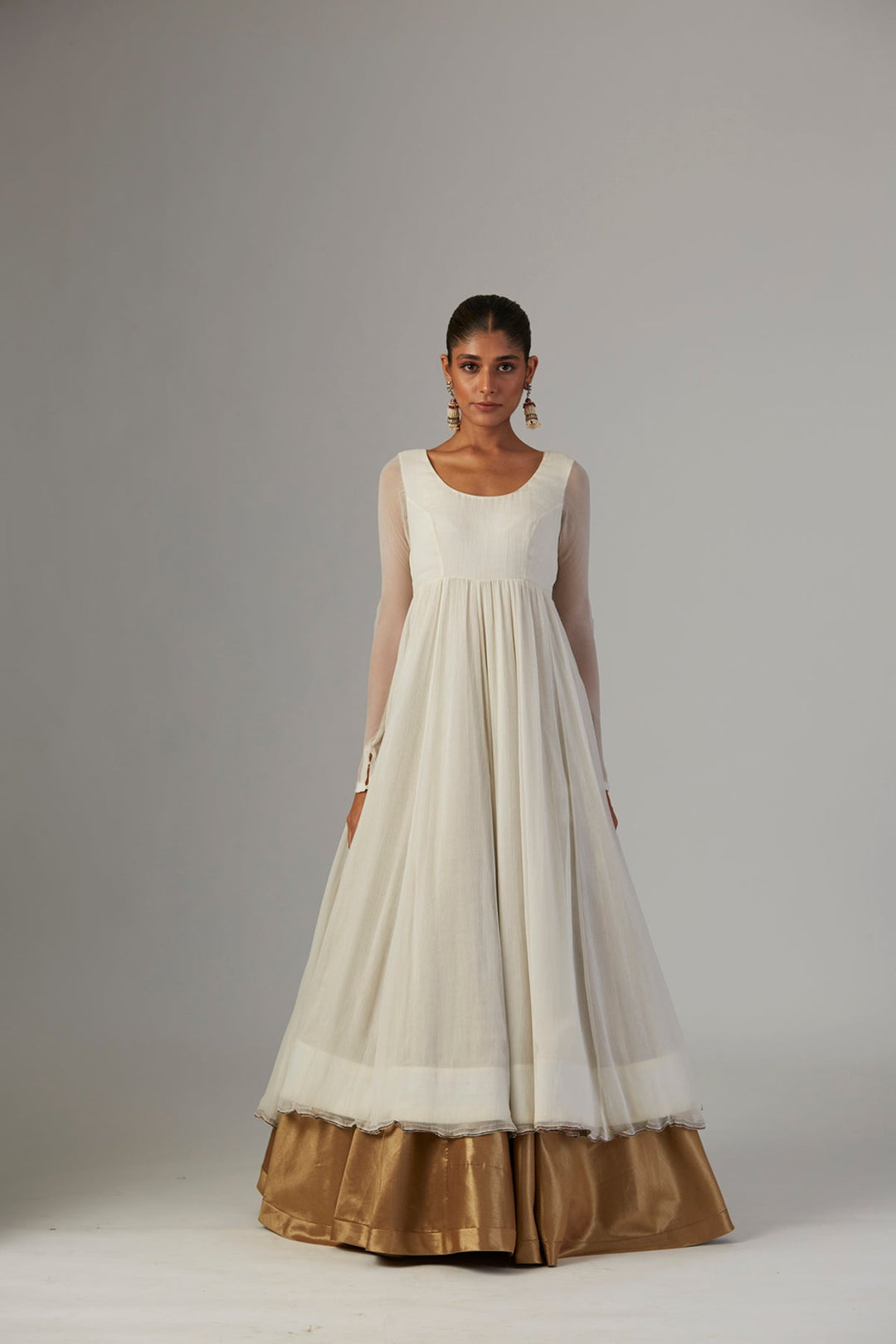 Ivory Chiffon Anarkali Paired With Tulle Net Jacket