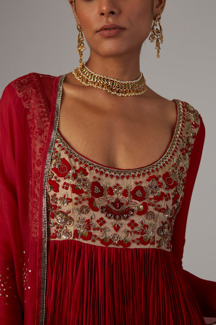 Red Silk Emb. Anarkali Organza Emb. Dupatta & Copper Lame Skirt