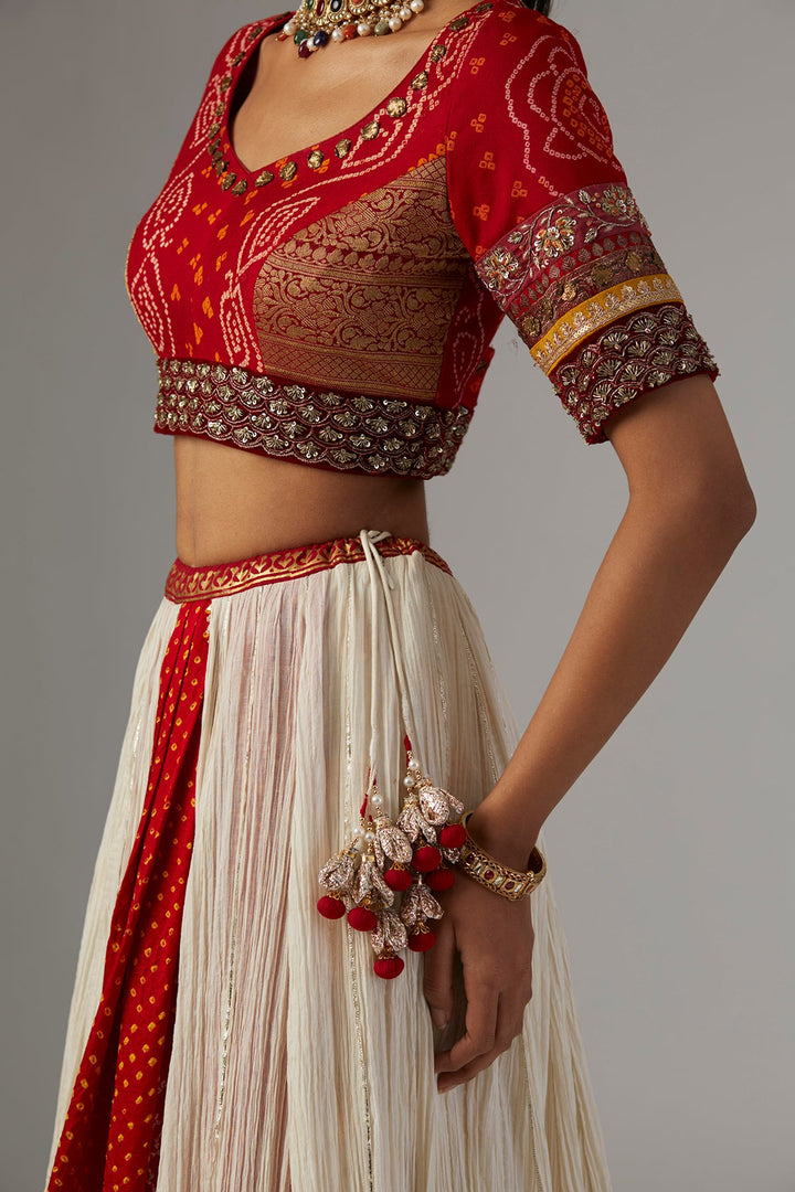 Ivory Gauze Crinkled Lehenga Set With Chanderi Unstitched Blouse