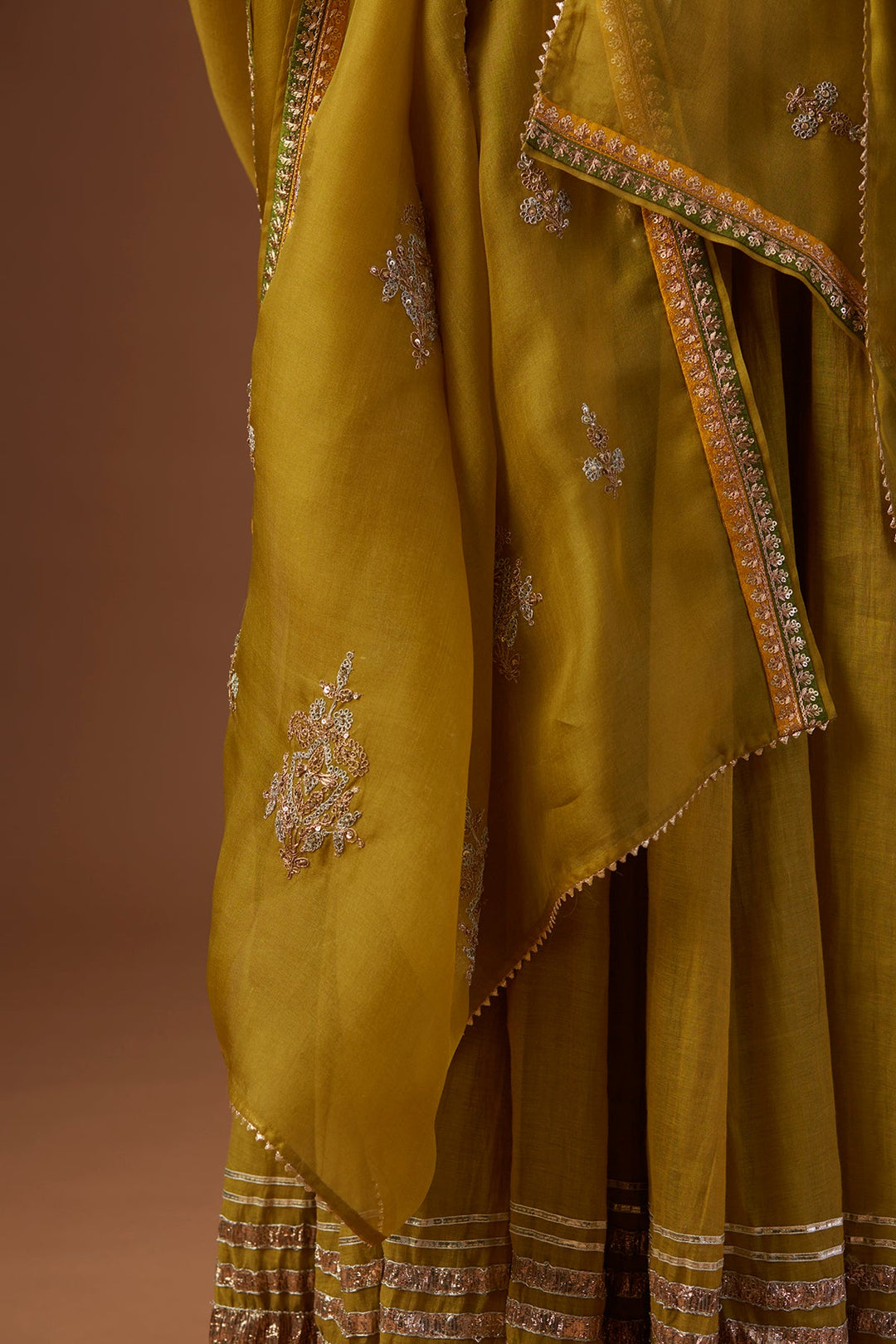 Olive Tissue Anarkali Paired With Churidaar And Dupatta