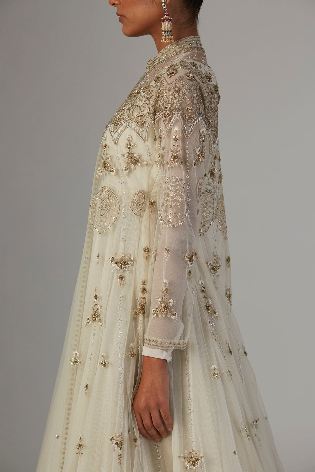 Ivory Chiffon Anarkali Paired With Tulle Net Jacket