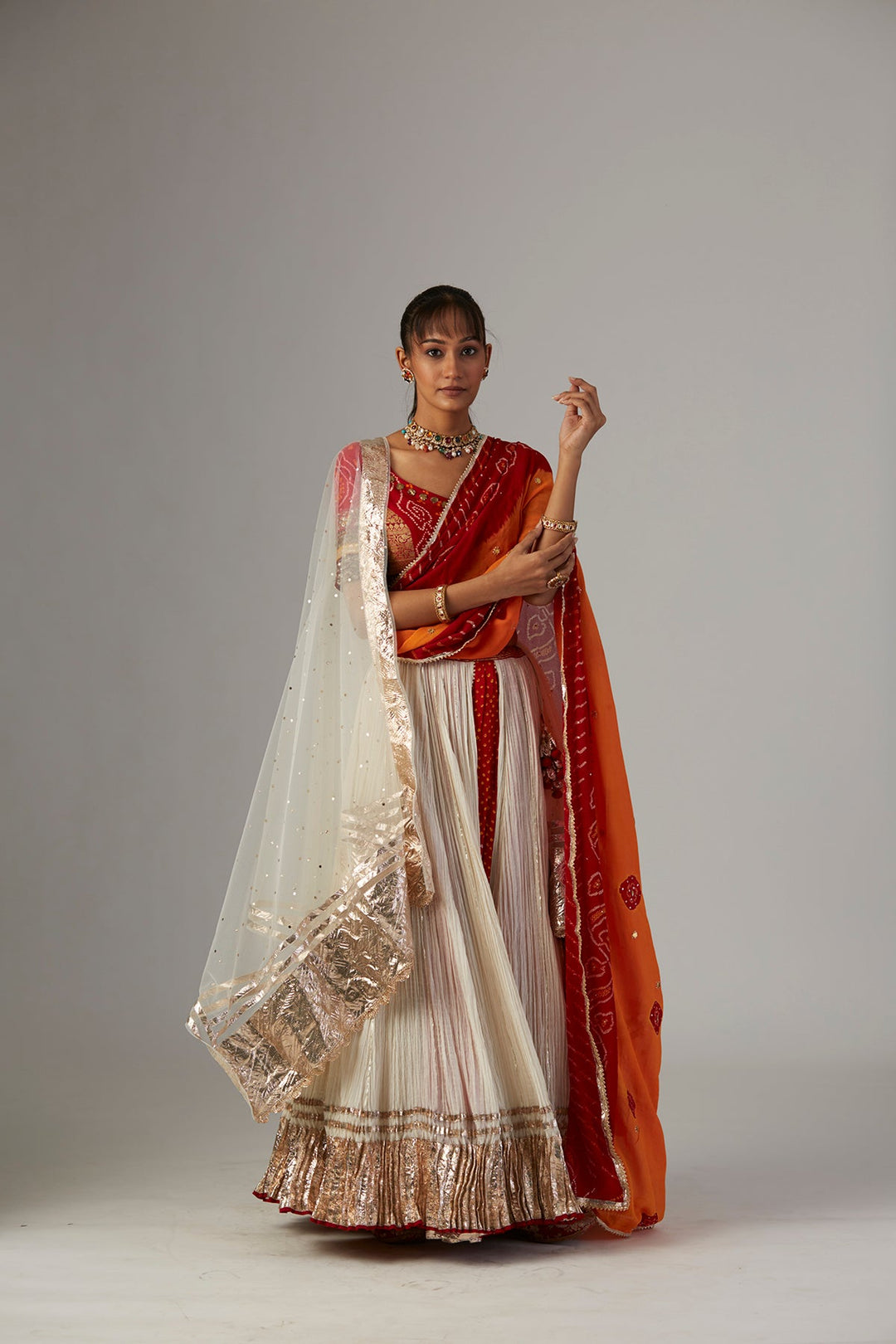 Ivory Gauze Crinkled Lehenga Set With Chanderi Unstitched Blouse