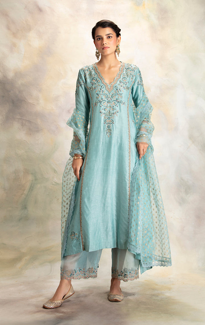 Enticing Aqua Multicolour Floral Embroidered Kurta Set