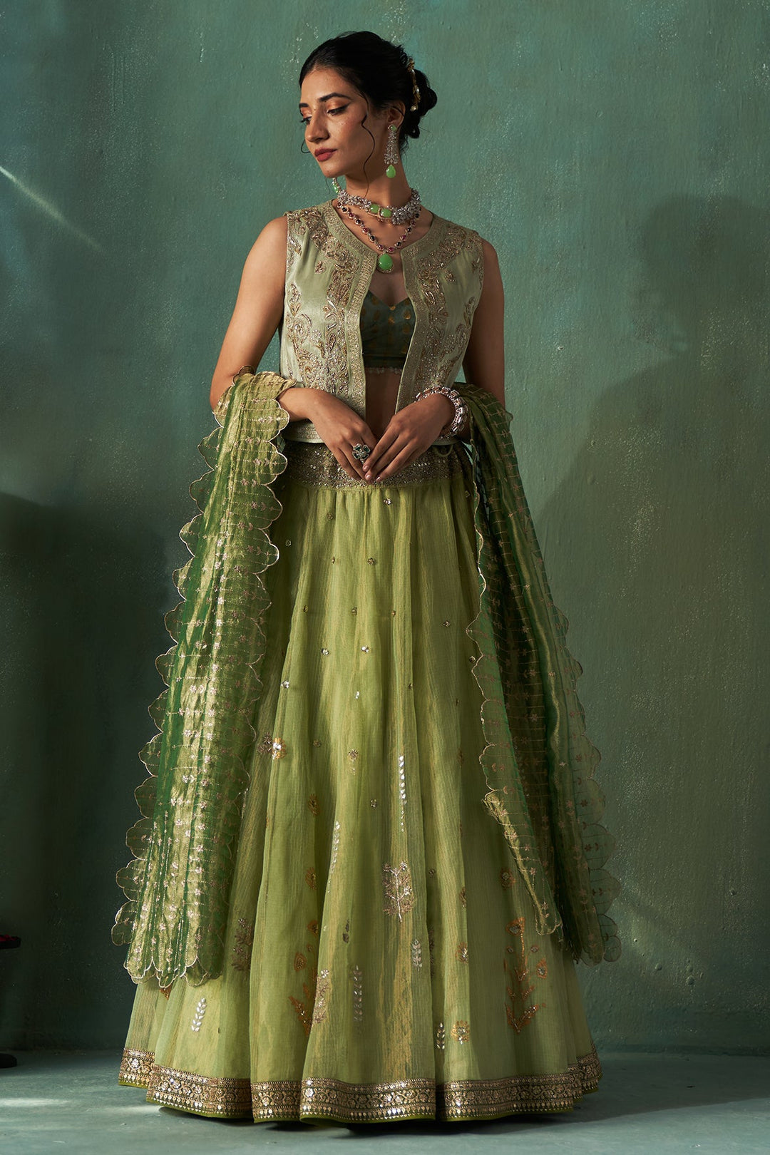 Mint Tissue Embroidered Lehenga Set (4 PCS)