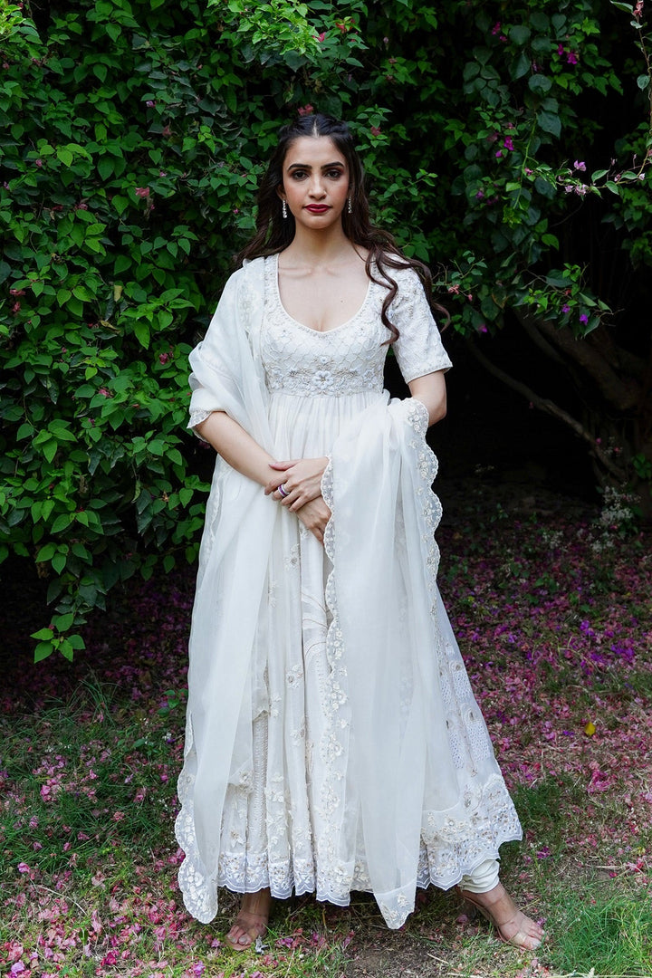 Ivory Embroidered Anarkali With Churidaar & Silk Organza Dupatta