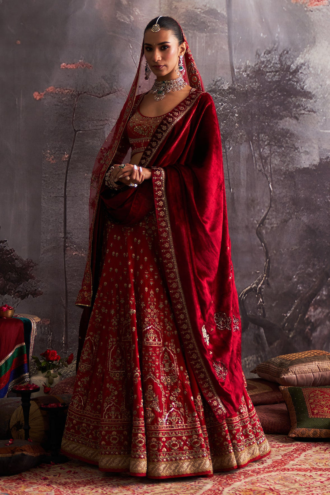 Red Dupion Embroidered Lehenga Set (2 PCS)