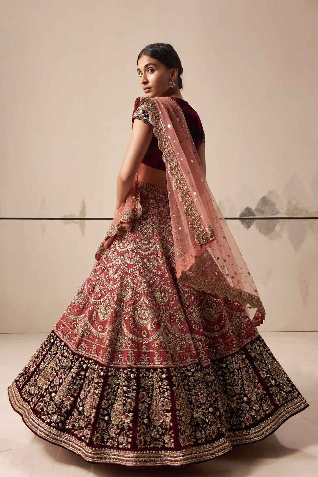 Old Rose And Ruby Embroidered Lehenga