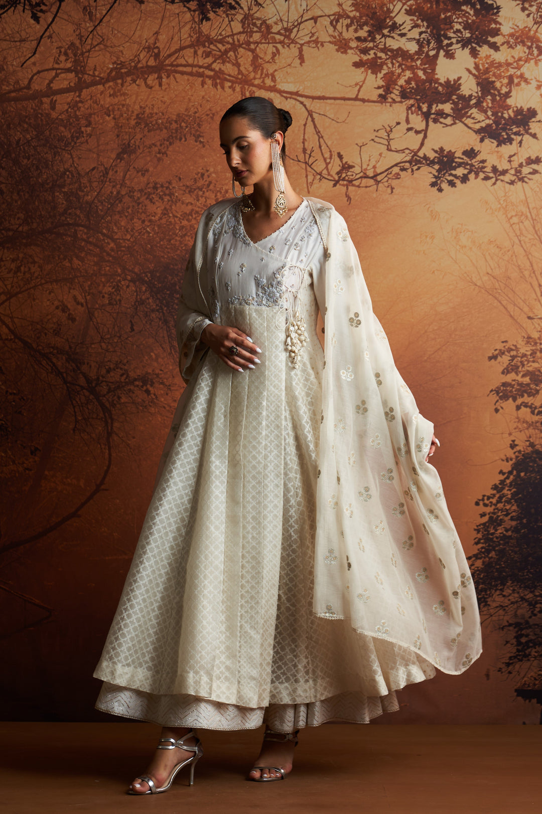 Ivory Embroidered Cutwork Woven Double Layer Angrakha Set