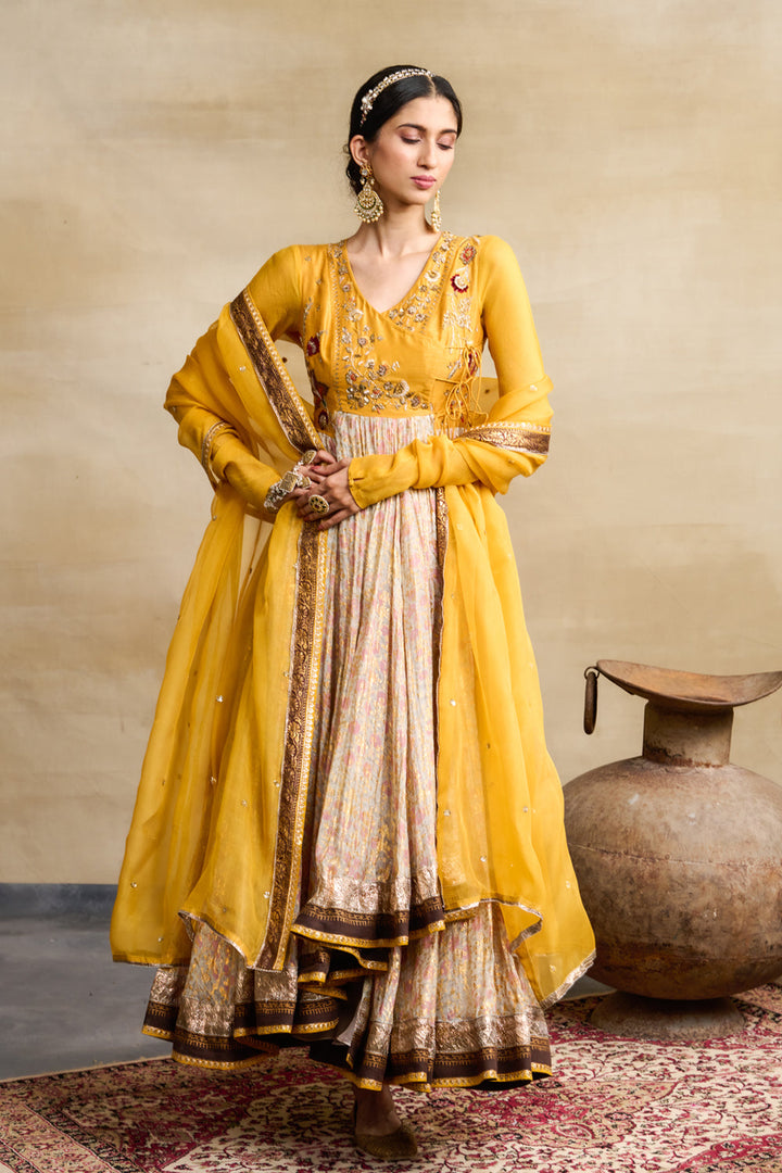 Yellow & Toosh Chanderi Printed & Embroidered Anarkali Set (3 PCS)