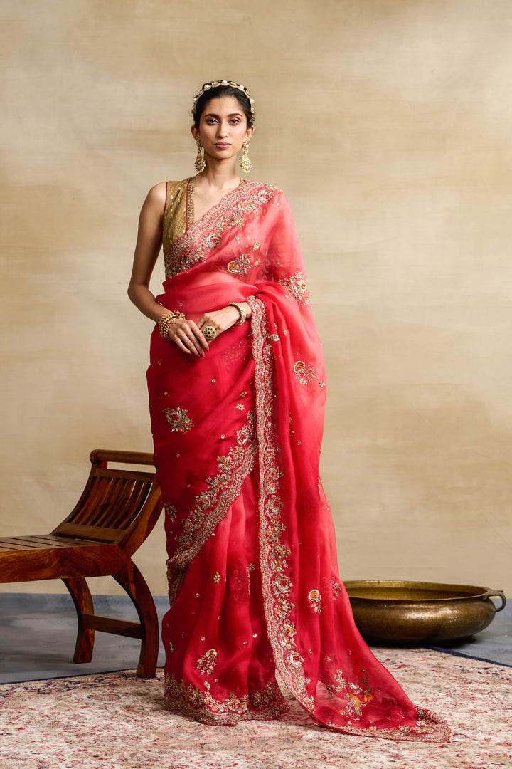 Red Organza Embroidered Saree Set (3 PCS)