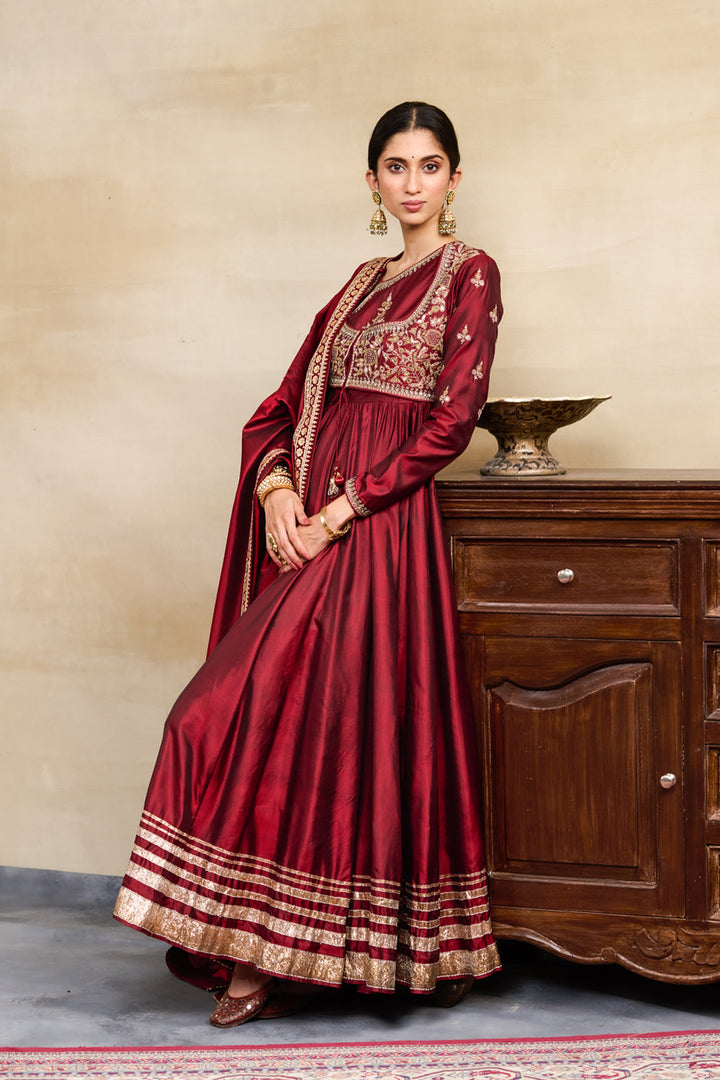 Maroon Silk Jacket Style Embroidered Anarkali Set