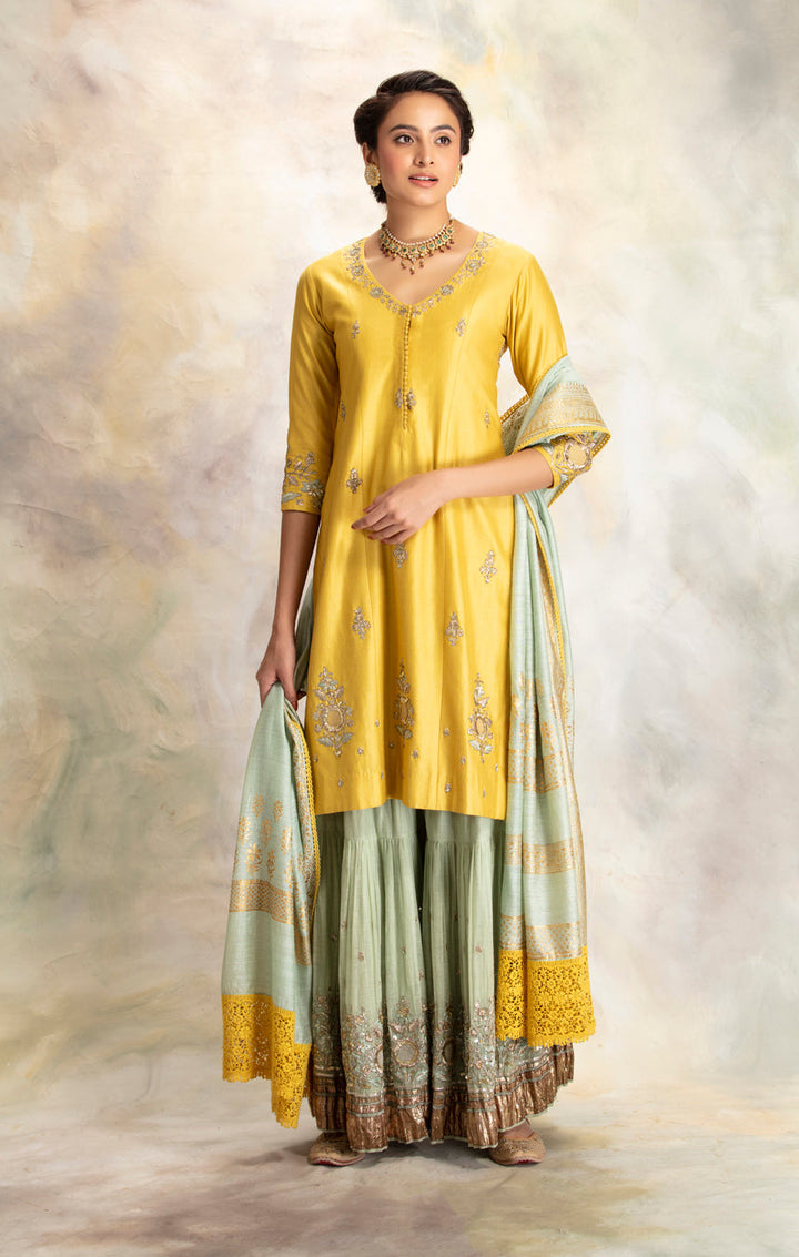 Yellow Zardozi Embroidered Kurta With Mint Sharara