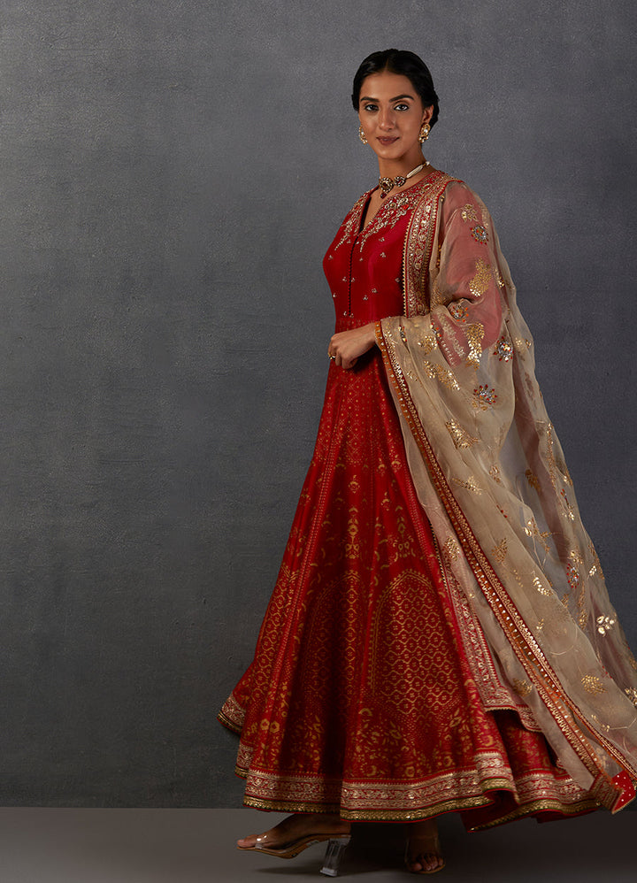 Crimson Red Silk Chanderi Gold Printed &Amp; Embroidered Anarkali Set