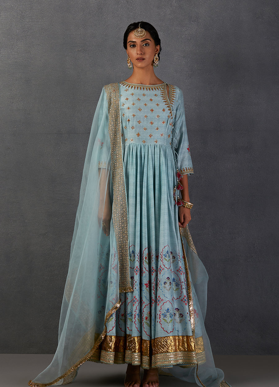 Aqua Silk Chanderi Printed & Embroidered Angrakha Style Anarkali Set