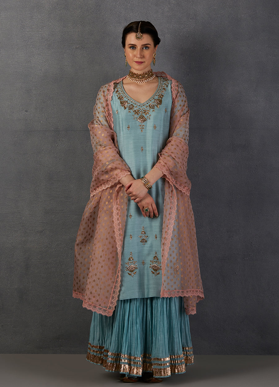 Aqua Georgette Tussar Embroidered Kurta Set