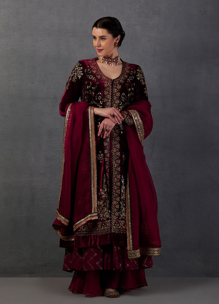 Maroon Silk Velvet Embroidered Jacket Set