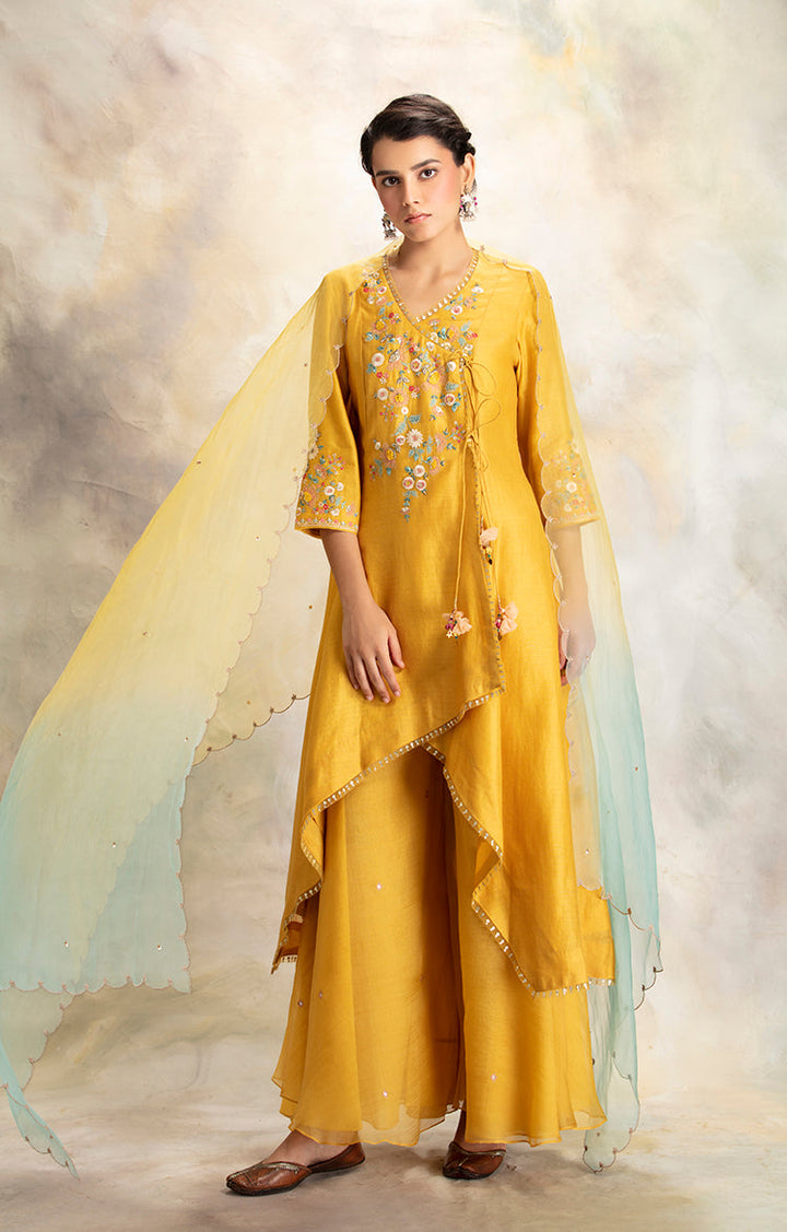 Yellow Silk Chanderi Floral Embroidered Angrakha Kurta With Yellow Organza Sharara & Yellow & Blue Ombre Organza Dupatta