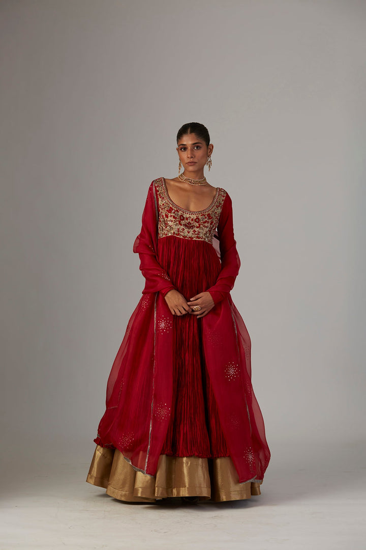 Red Silk Emb. Anarkali Organza Emb. Dupatta & Copper Lame Skirt