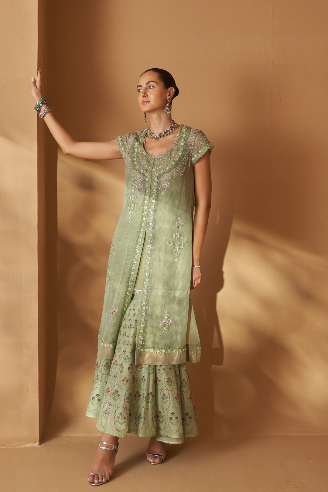 Mint Kota Tissue Embroidered Jacket With Mint Maheshwari Tissue Inner And Mint Printed Sharara