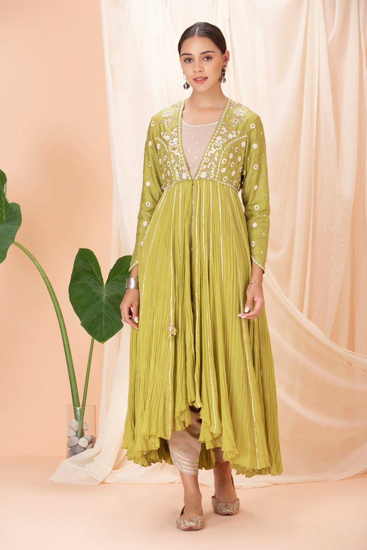 Mehendi Green Embroidered Jacket With Kurta And Dhoti