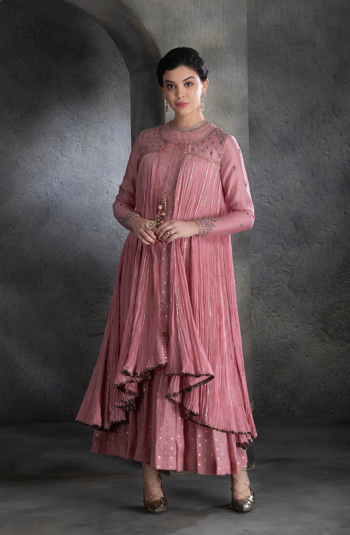 Dusty Pink Chanderi & Cotton Floral Embroidered Angrakha Set