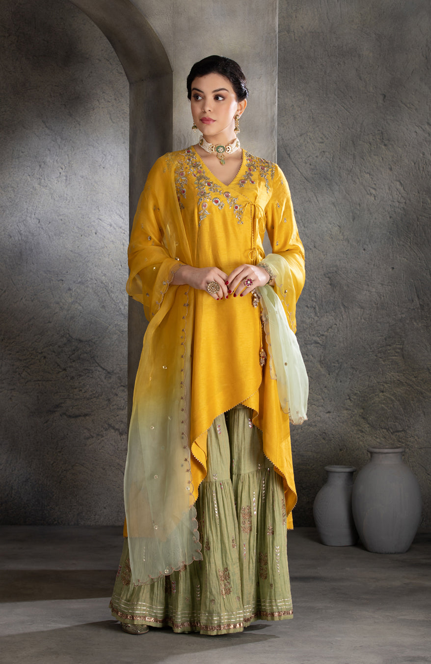 Yellow Floral Embroidered Angrakha Style Kurta Set