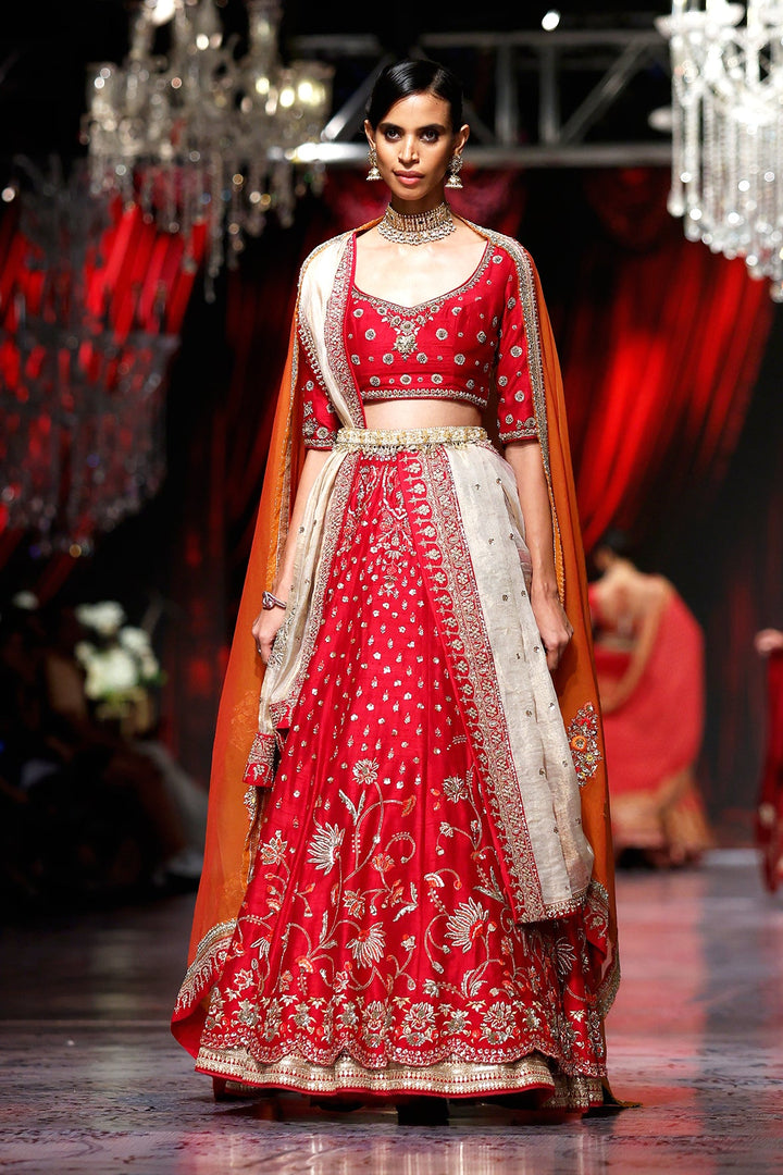 Red & Orange Dupion Embroidered Lehenga Only (1 PC)