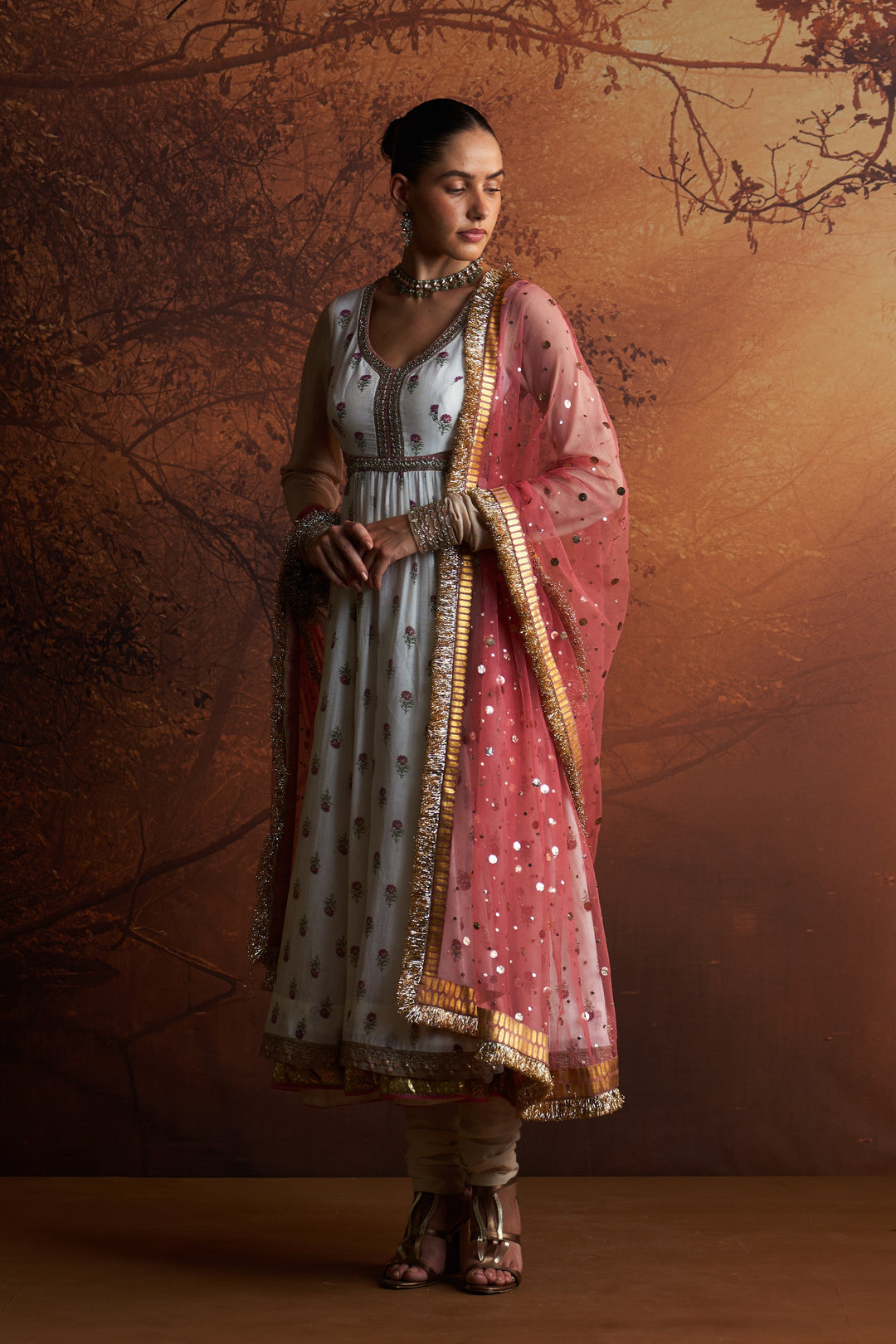 Ivory Printed Chanderi Anarkali Set