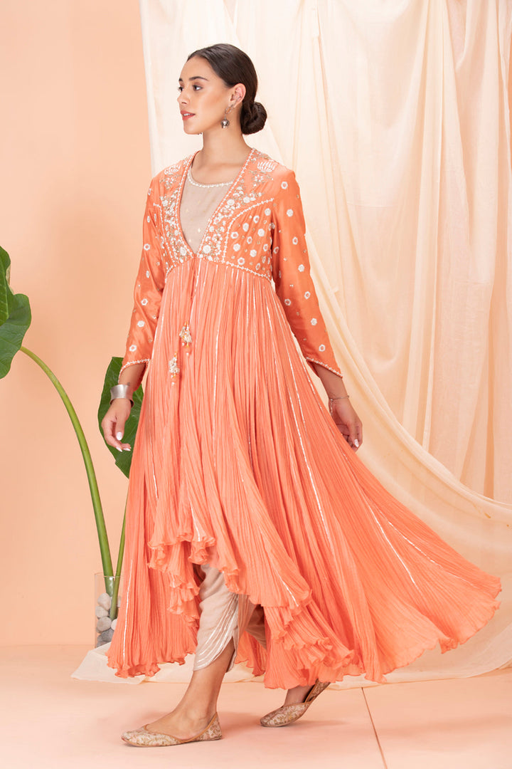 Peach Jacket With Kurta And Dhoti