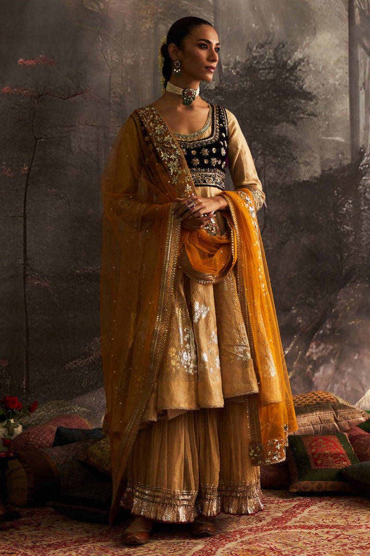 Yellow Silk Embroidered Anarkali Set (4 PCS)