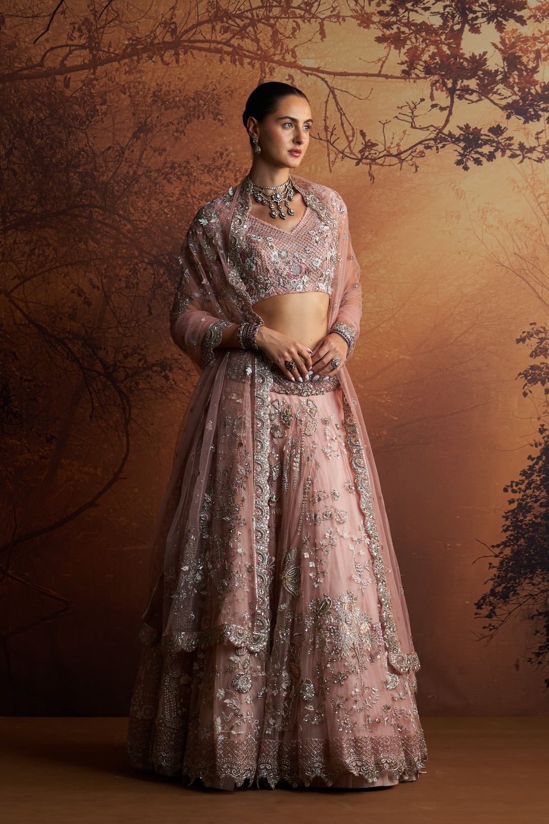 Salmon Pink Embroidered Double Layer Lehnga Paired With Scallop Embroidered Veil And Dupatta