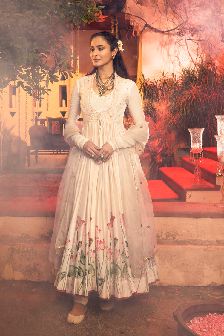 Ivory Silk Chanderi Lotus Printed & Embroidered Anarkali Set