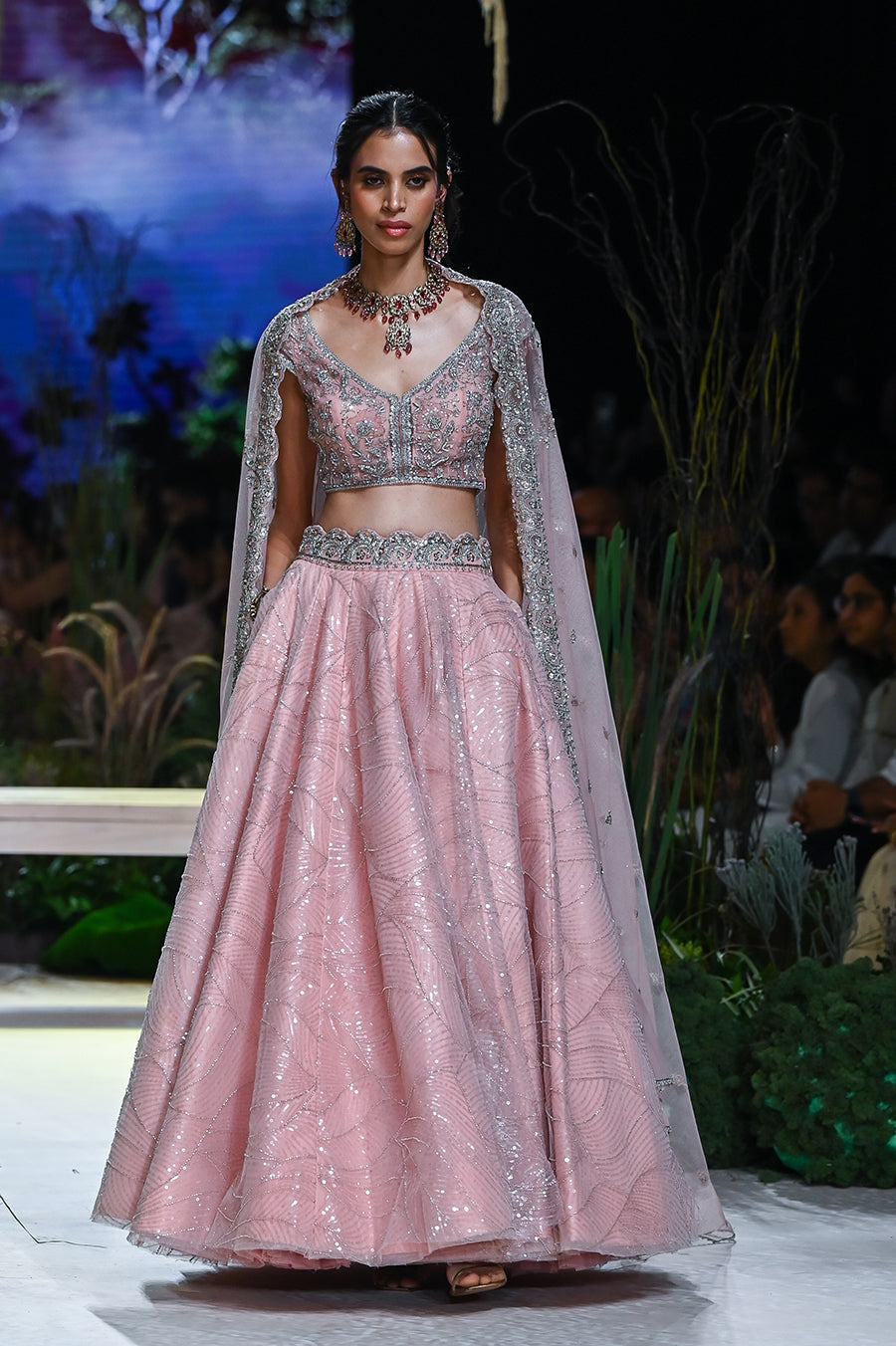 Old Rose Net Embroidered Lehenga