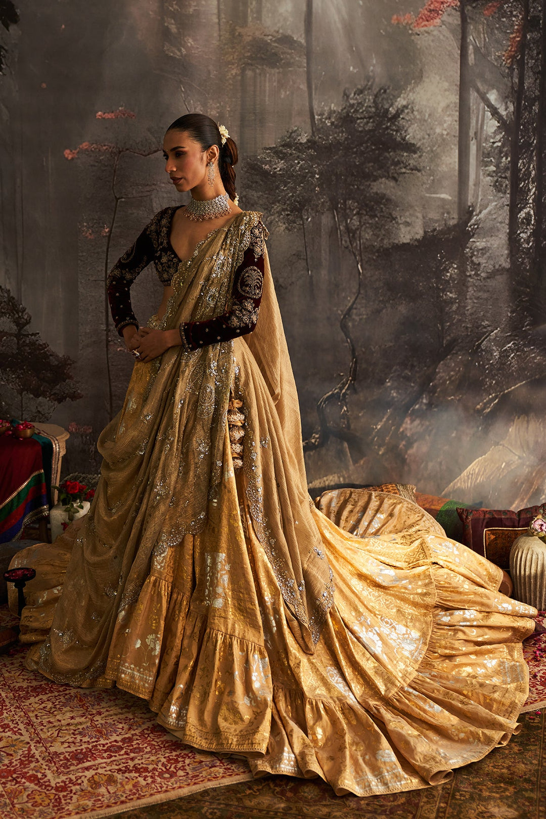 Gold Tissue Foil Printed Lehengawith Crino (1 PC)