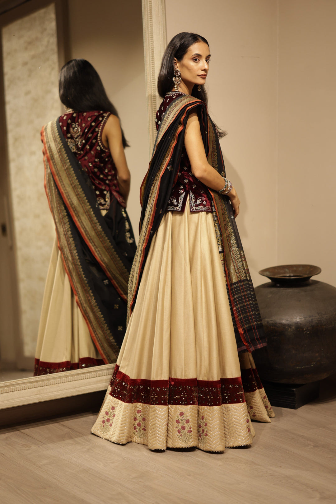 Light Grey Dupion Embroidered Bordered Work Lehenga