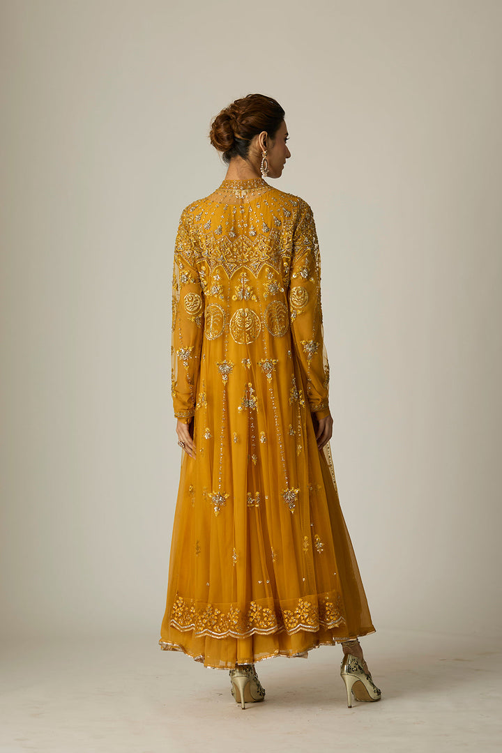 Mustard Chiffon & Tulle Embroidered Jacket Set (2 PCS)