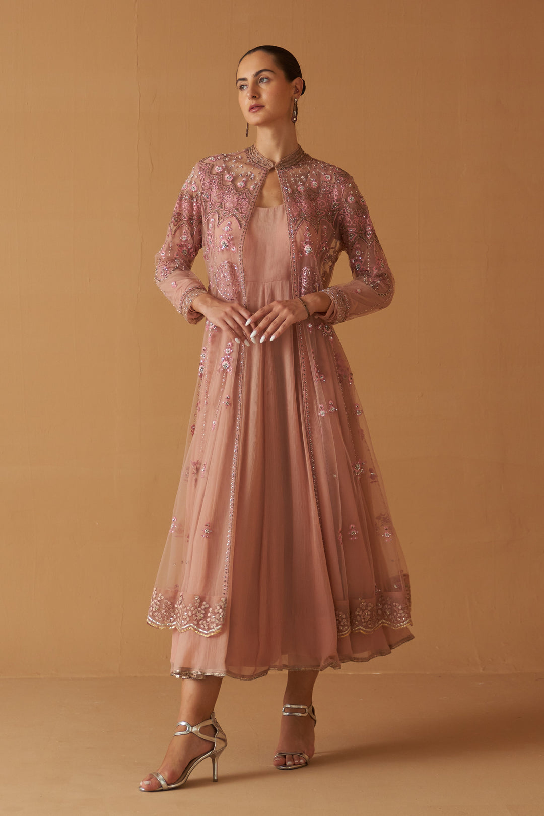 Old Rose Net Embroidered Jacket And Old Rose Chiifon Anarkali