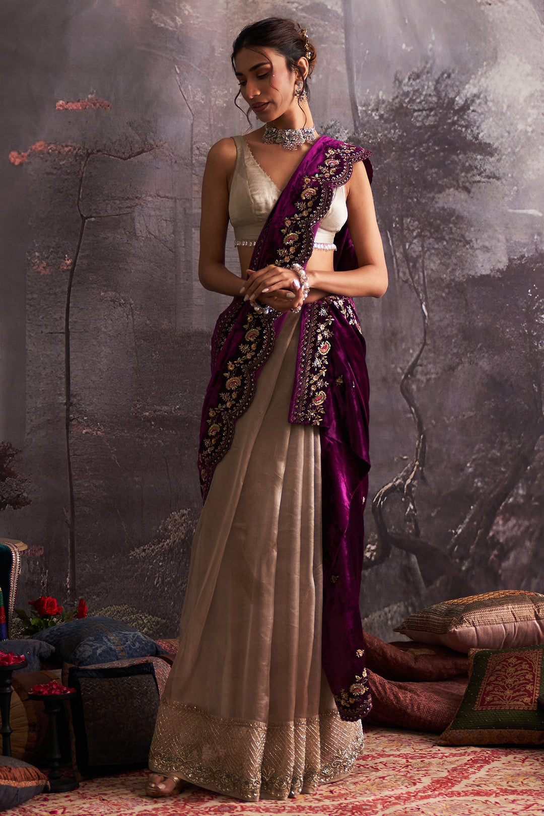 Brown Crush Organza Tissue & Purple Velvet Embroidered Saree Set (4 PCS)