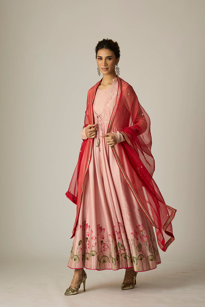 Old Rose Lotus Printed & Embroidered Anarkali Set(3 PCS)