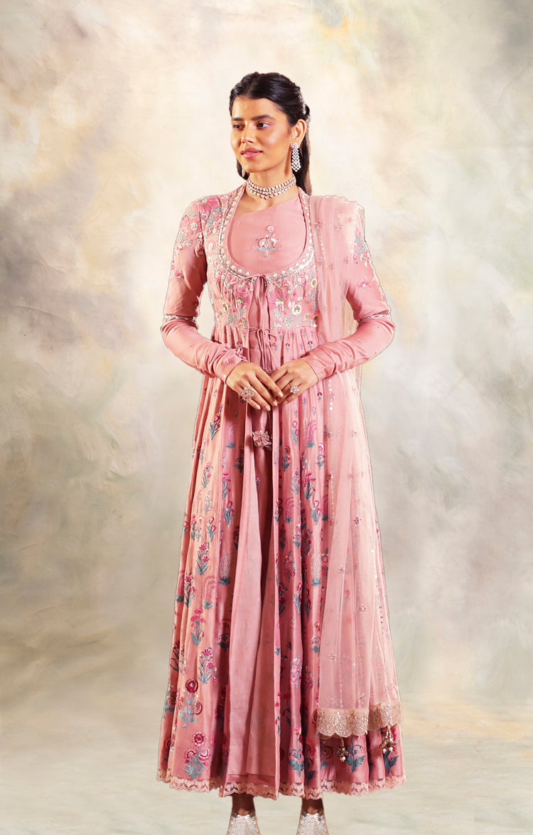 Old Rose Embroidered Angrakha Style Kurta Set