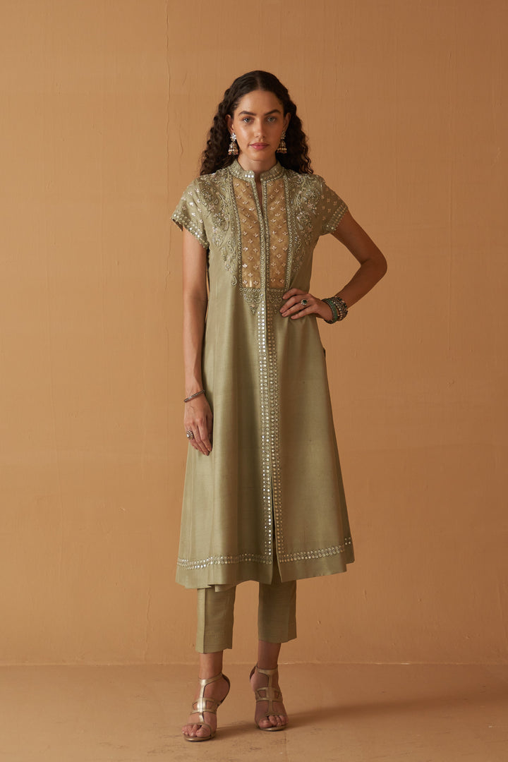 Sage Green  Silk Embroidered Jacket & Sage Green Dupion Pants