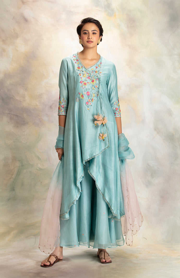 Multicolour Floral Motifs Embroidered Aqua Blue Kurta Set