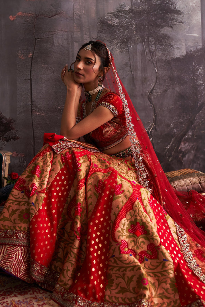 Red Bandhani Embroidered Lehenga Set (4 PCS)