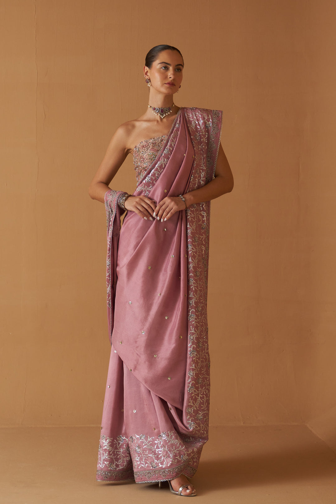 Lilac Chinese Dupion Foil Printed & Embroidered Saree Set (3 PCS)