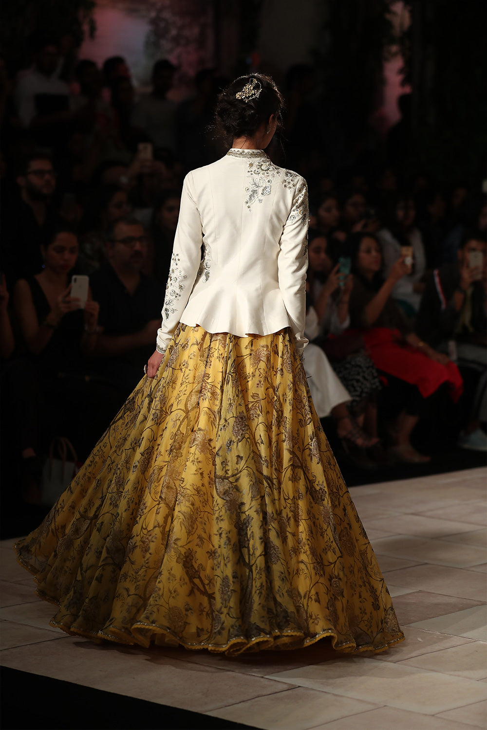 Ivory Matin Tussar Zardozi Embroidered Peplum Blouse With Yellow Floral Organza Printed Circular Skirt