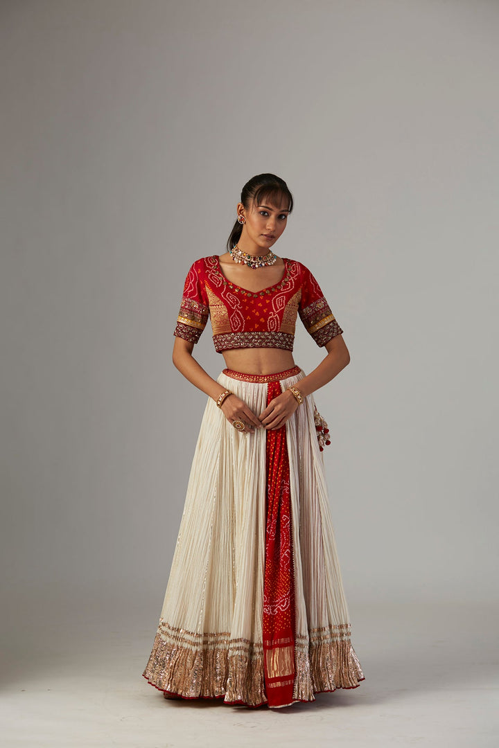 Ivory Gauze Crinkled Lehenga Set With Chanderi Unstitched Blouse