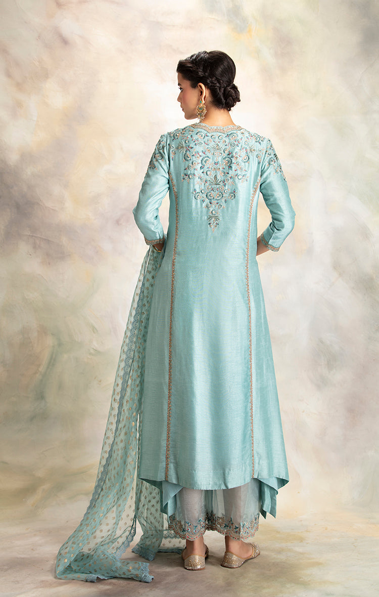 Enticing Aqua Multicolour Floral Embroidered Kurta Set